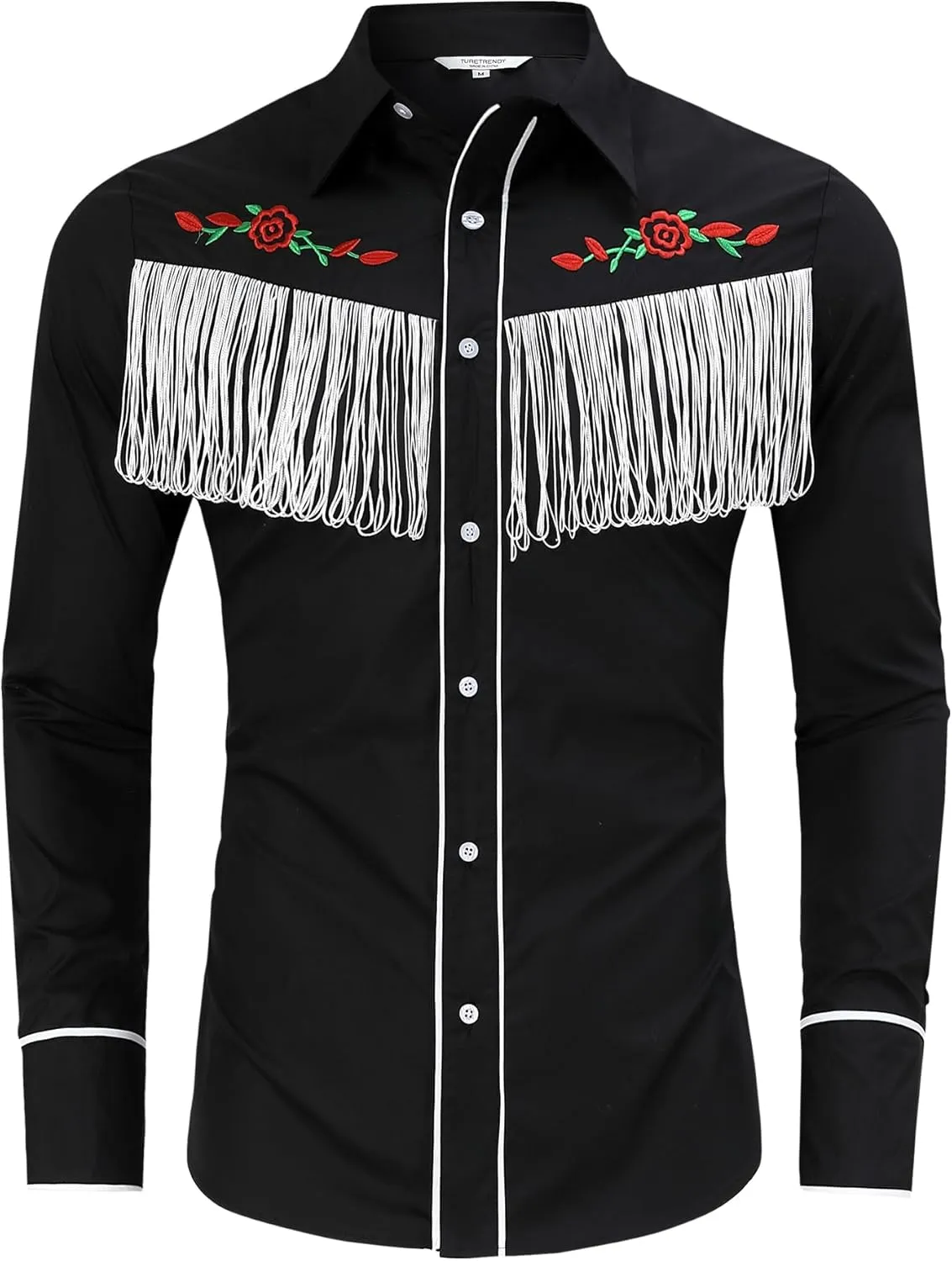 TURETRENDY Men's Western Cowboy Fringe Shirt Long Sleeve Rose Embroidered Slim Fit Button Down Shirt