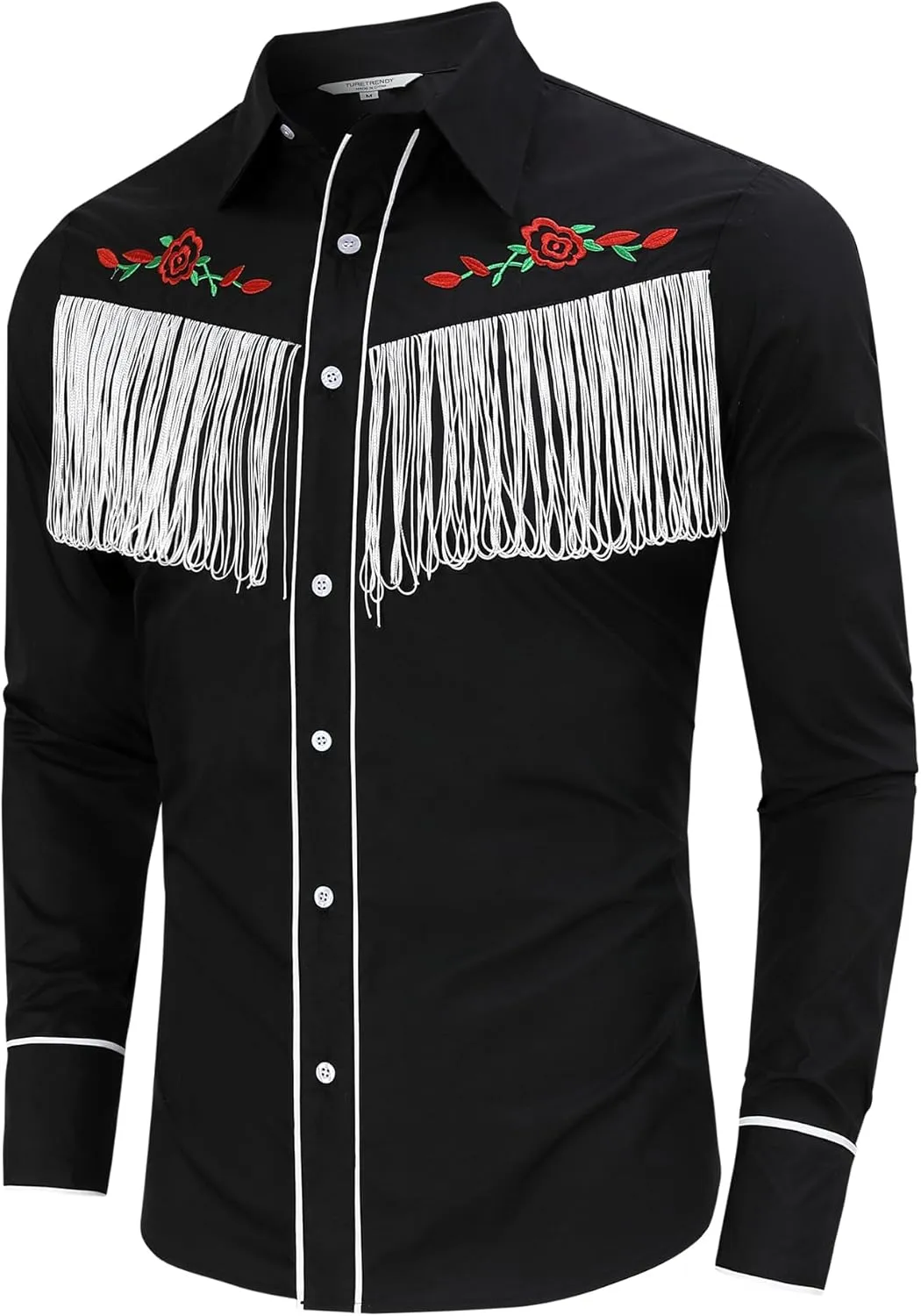 TURETRENDY Men's Western Cowboy Fringe Shirt Long Sleeve Rose Embroidered Slim Fit Button Down Shirt