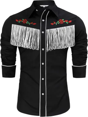 TURETRENDY Men's Western Cowboy Fringe Shirt Long Sleeve Rose Embroidered Slim Fit Button Down Shirt