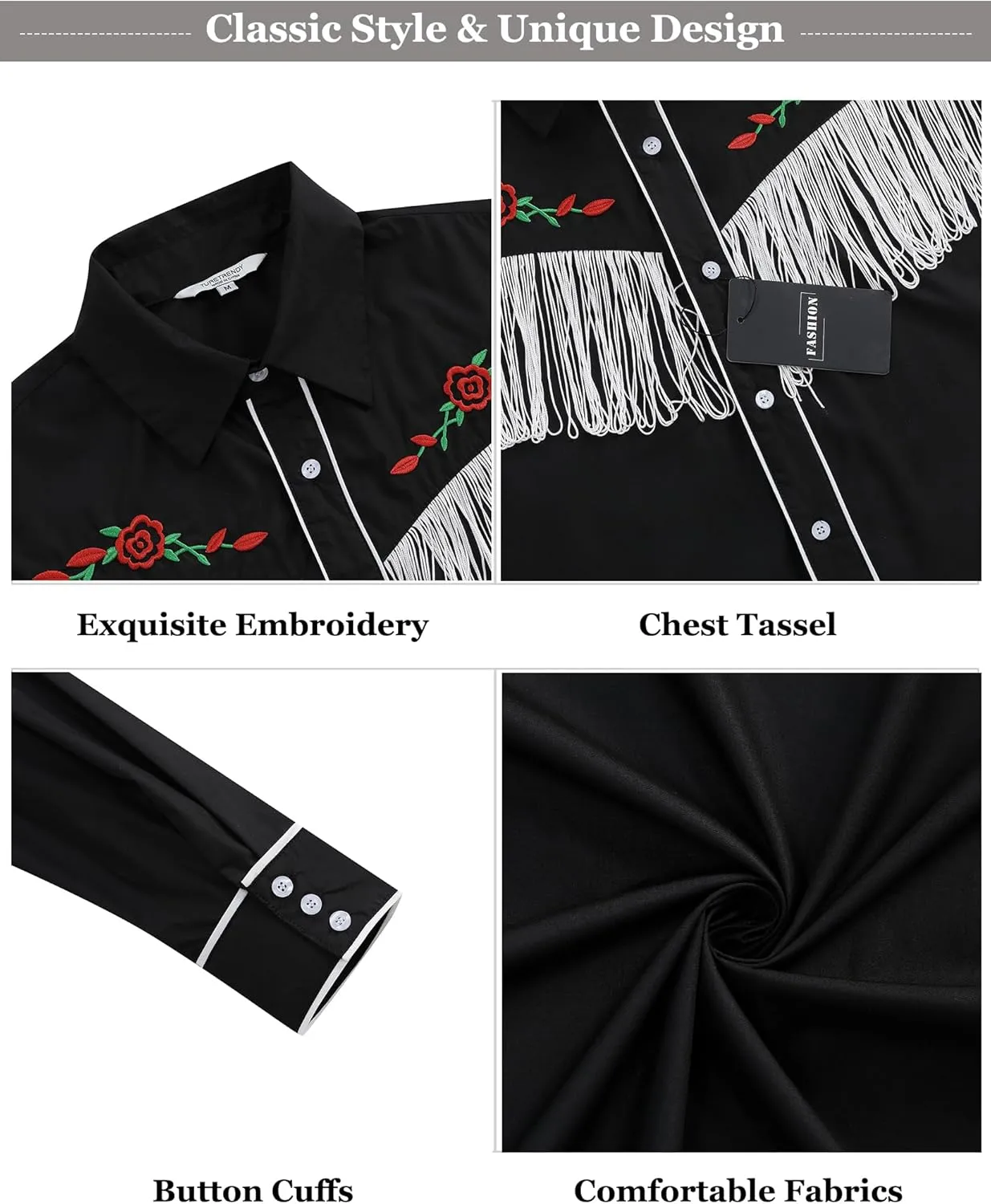 TURETRENDY Men's Western Cowboy Fringe Shirt Long Sleeve Rose Embroidered Slim Fit Button Down Shirt
