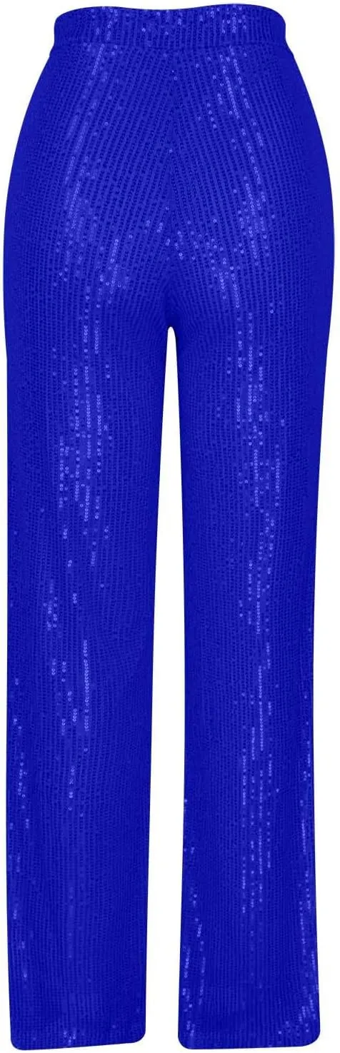 Uillui Sequin Palazzo Pants Women Fashion Glitter Sparkle Wide Leg Trousers for Party High Waist Straight Shimmer Long Pants