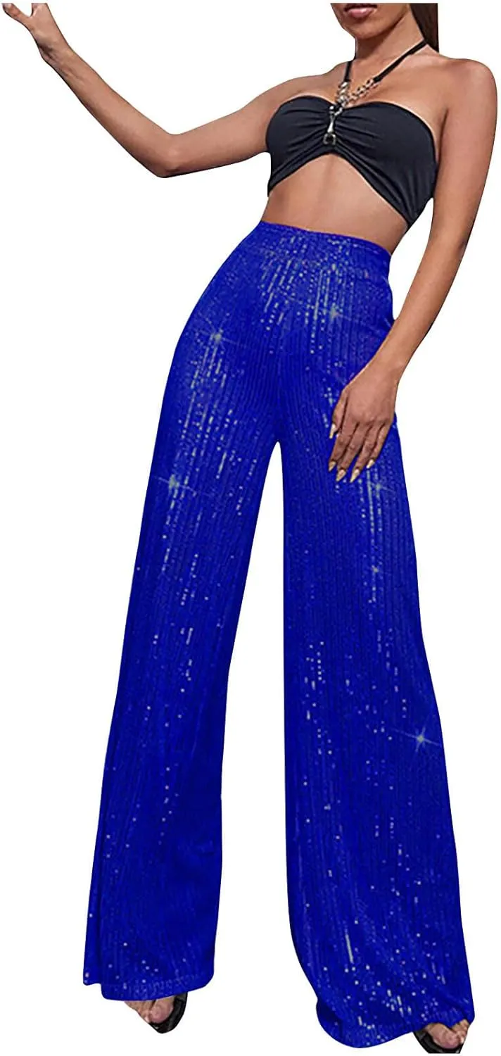 Uillui Sequin Palazzo Pants Women Fashion Glitter Sparkle Wide Leg Trousers for Party High Waist Straight Shimmer Long Pants