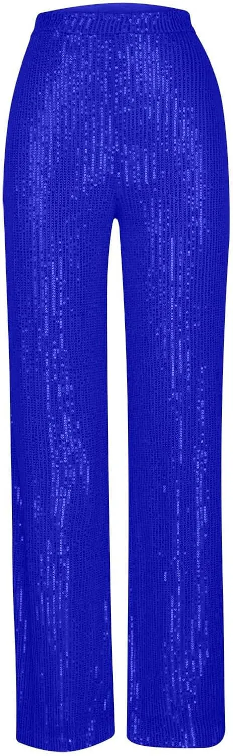Uillui Sequin Palazzo Pants Women Fashion Glitter Sparkle Wide Leg Trousers for Party High Waist Straight Shimmer Long Pants