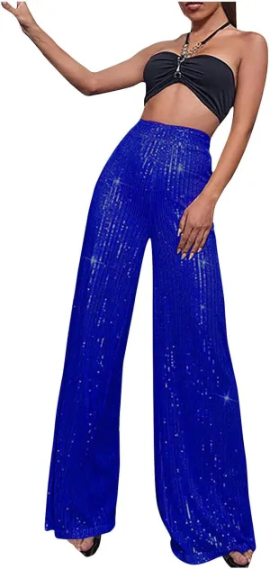 Uillui Sequin Palazzo Pants Women Fashion Glitter Sparkle Wide Leg Trousers for Party High Waist Straight Shimmer Long Pants