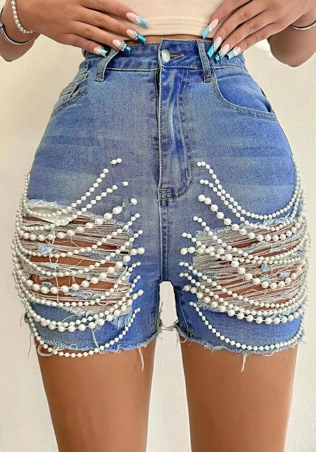 Unybwonn Denim Shorts Women Ripped Cutout Pearls Chain Jean Shorts Rhinestone Stretchy Distressed Raw Hem Tassels Shorts