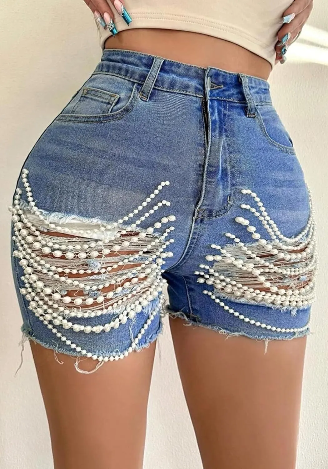 Unybwonn Denim Shorts Women Ripped Cutout Pearls Chain Jean Shorts Rhinestone Stretchy Distressed Raw Hem Tassels Shorts