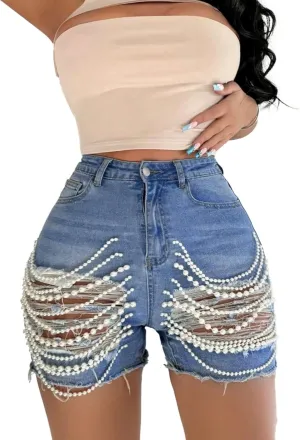 Unybwonn Denim Shorts Women Ripped Cutout Pearls Chain Jean Shorts Rhinestone Stretchy Distressed Raw Hem Tassels Shorts