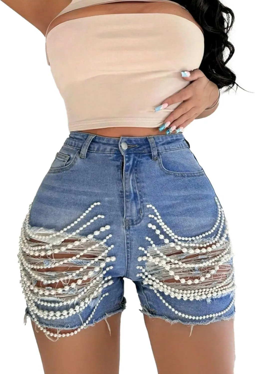 Unybwonn Denim Shorts Women Ripped Cutout Pearls Chain Jean Shorts Rhinestone Stretchy Distressed Raw Hem Tassels Shorts