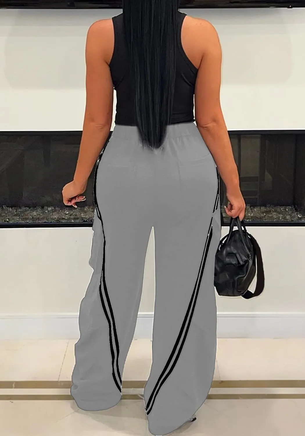 Unybwonn Women Wide Leg Cargo Sweatpants Patchwork Side Stripe Baggy Denim Pants High Waist Trendy Track Jogger Pant