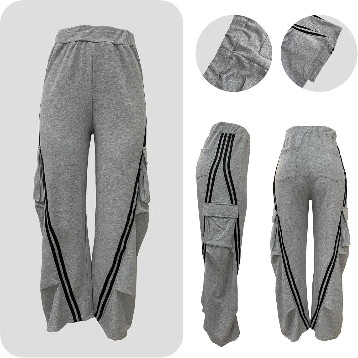 Unybwonn Women Wide Leg Cargo Sweatpants Patchwork Side Stripe Baggy Denim Pants High Waist Trendy Track Jogger Pant