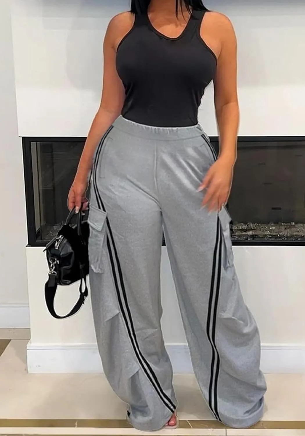Unybwonn Women Wide Leg Cargo Sweatpants Patchwork Side Stripe Baggy Denim Pants High Waist Trendy Track Jogger Pant