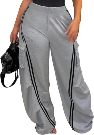 Unybwonn Women Wide Leg Cargo Sweatpants Patchwork Side Stripe Baggy Denim Pants High Waist Trendy Track Jogger Pant