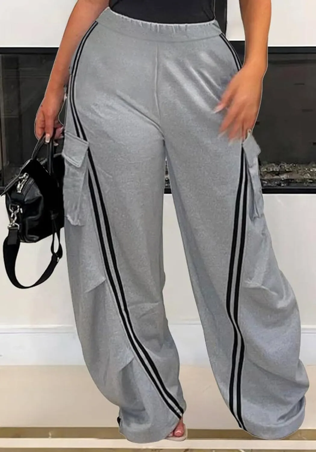 Unybwonn Women Wide Leg Cargo Sweatpants Patchwork Side Stripe Baggy Denim Pants High Waist Trendy Track Jogger Pant