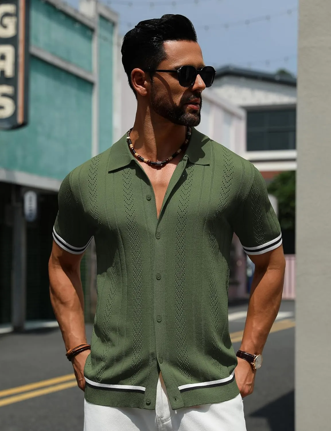 URRU Men's Knit Button Down Polo Shirt Short Sleeve Vintage Casual Summer Beach Tops