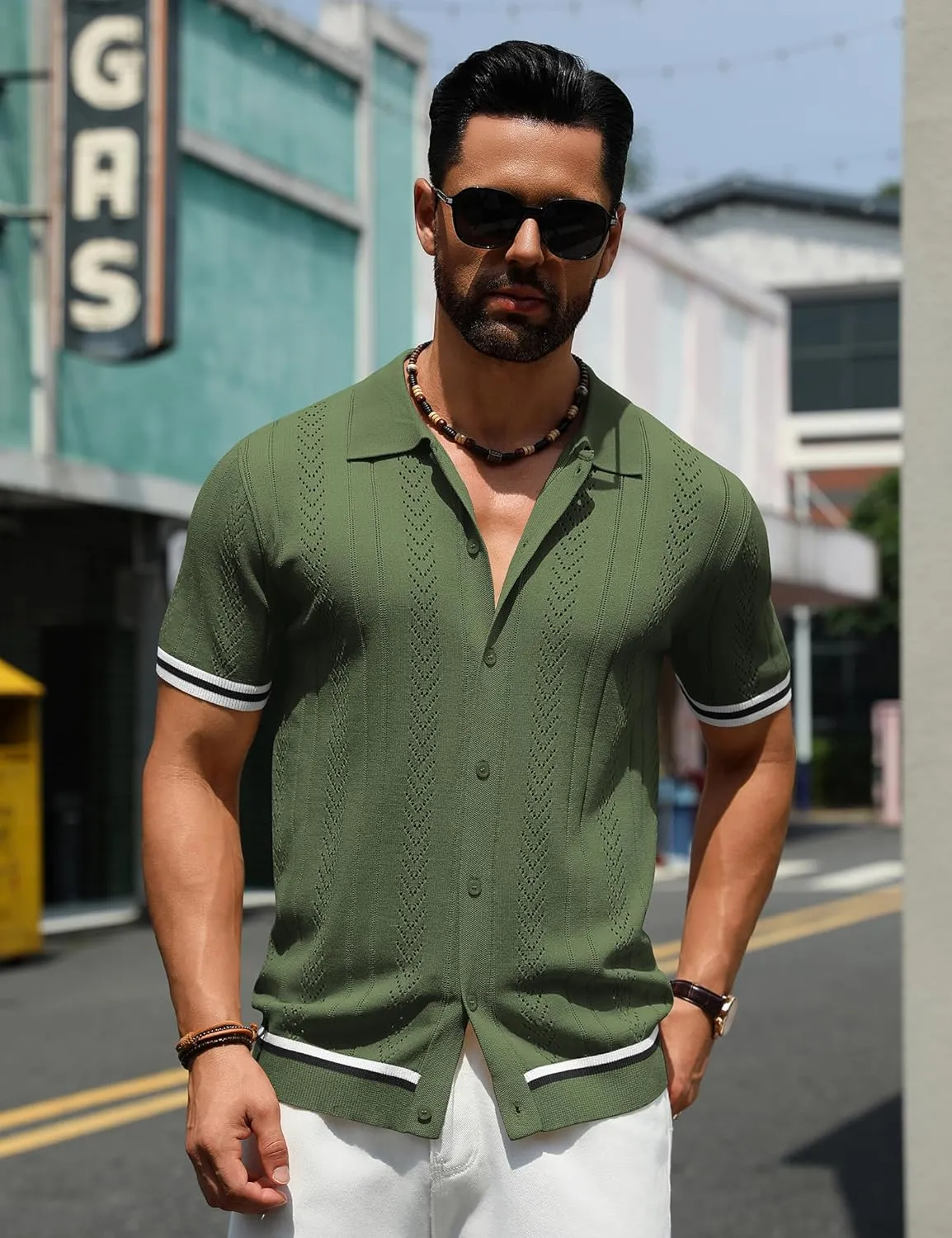 URRU Men's Knit Button Down Polo Shirt Short Sleeve Vintage Casual Summer Beach Tops