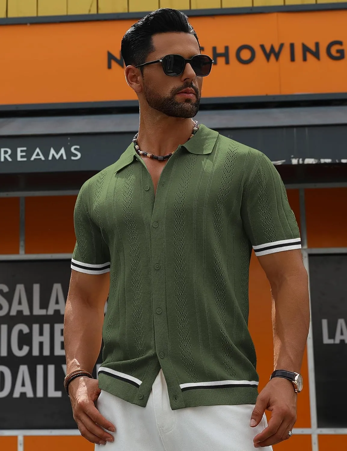 URRU Men's Knit Button Down Polo Shirt Short Sleeve Vintage Casual Summer Beach Tops