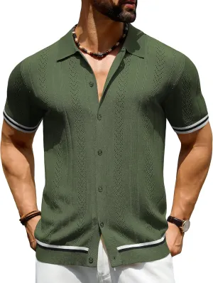URRU Men's Knit Button Down Polo Shirt Short Sleeve Vintage Casual Summer Beach Tops