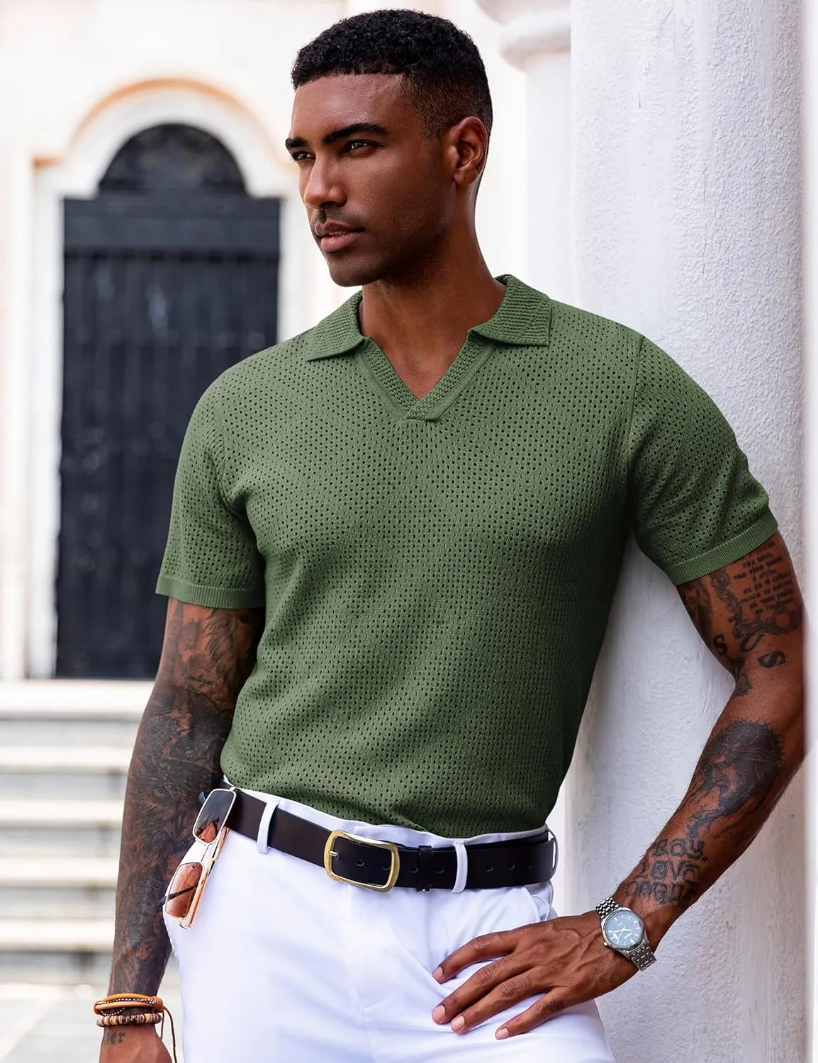 URRU Mens Knit Polo Shirt Short Sleeve Hollow Out Shirt Texture Knitted Polo Shirts for Men