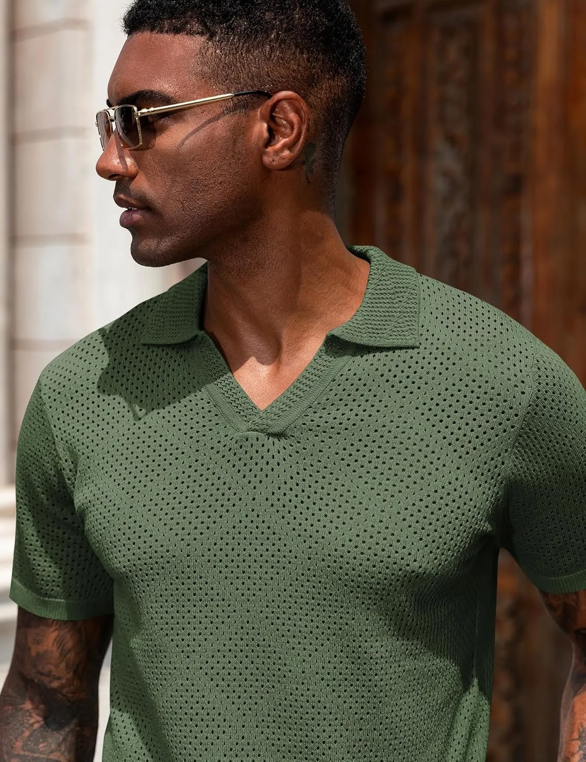 URRU Mens Knit Polo Shirt Short Sleeve Hollow Out Shirt Texture Knitted Polo Shirts for Men
