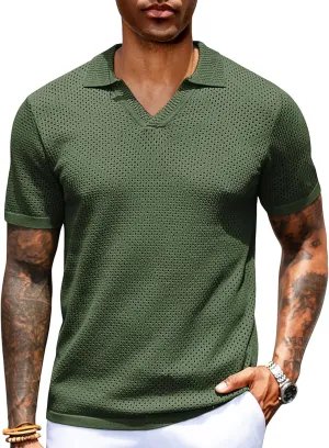 URRU Mens Knit Polo Shirt Short Sleeve Hollow Out Shirt Texture Knitted Polo Shirts for Men