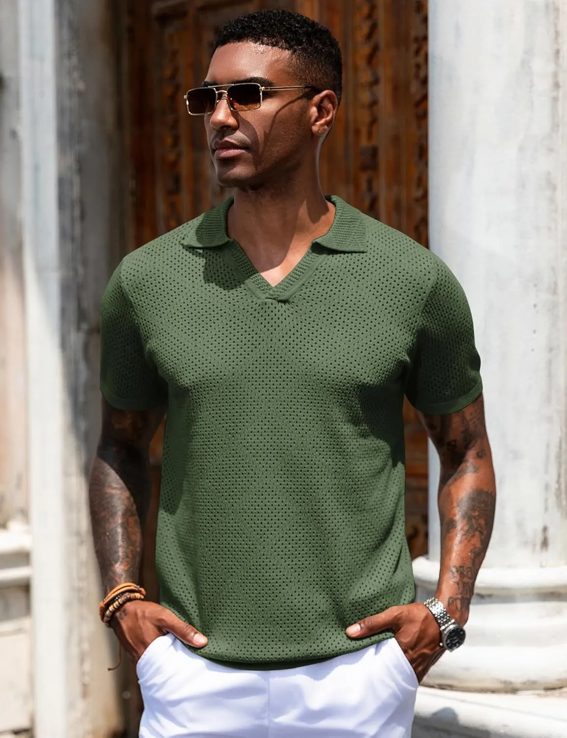 URRU Mens Knit Polo Shirt Short Sleeve Hollow Out Shirt Texture Knitted Polo Shirts for Men