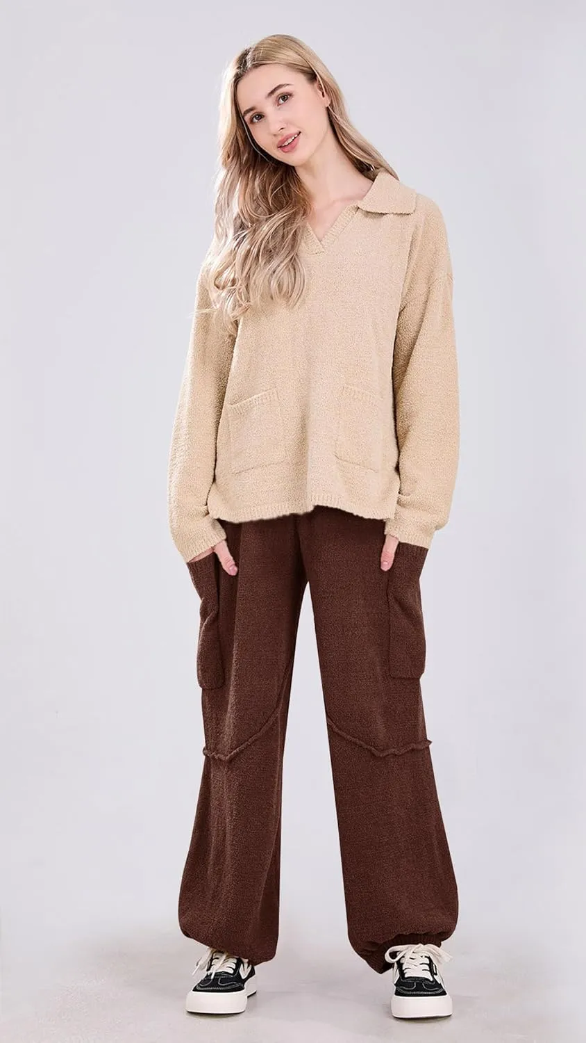 utcoco Women's Fuzzy Fleece Wide Leg Pants Elastic Waist Knit Pants Casual Comfy Lounge Trousers with Pockets