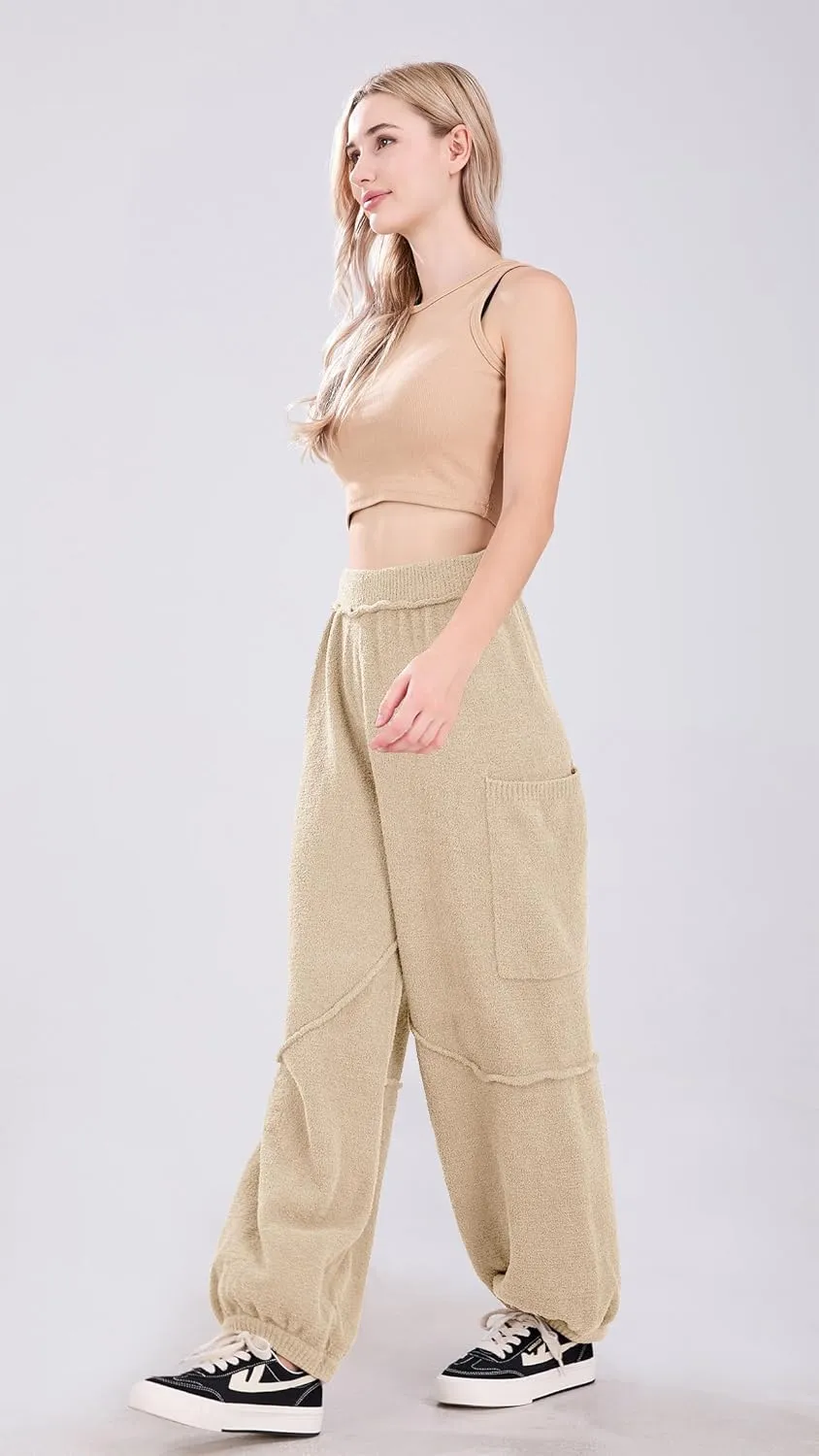 utcoco Women's Fuzzy Fleece Wide Leg Pants Elastic Waist Knit Pants Casual Comfy Lounge Trousers with Pockets