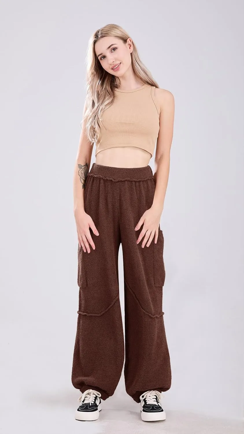 utcoco Women's Fuzzy Fleece Wide Leg Pants Elastic Waist Knit Pants Casual Comfy Lounge Trousers with Pockets