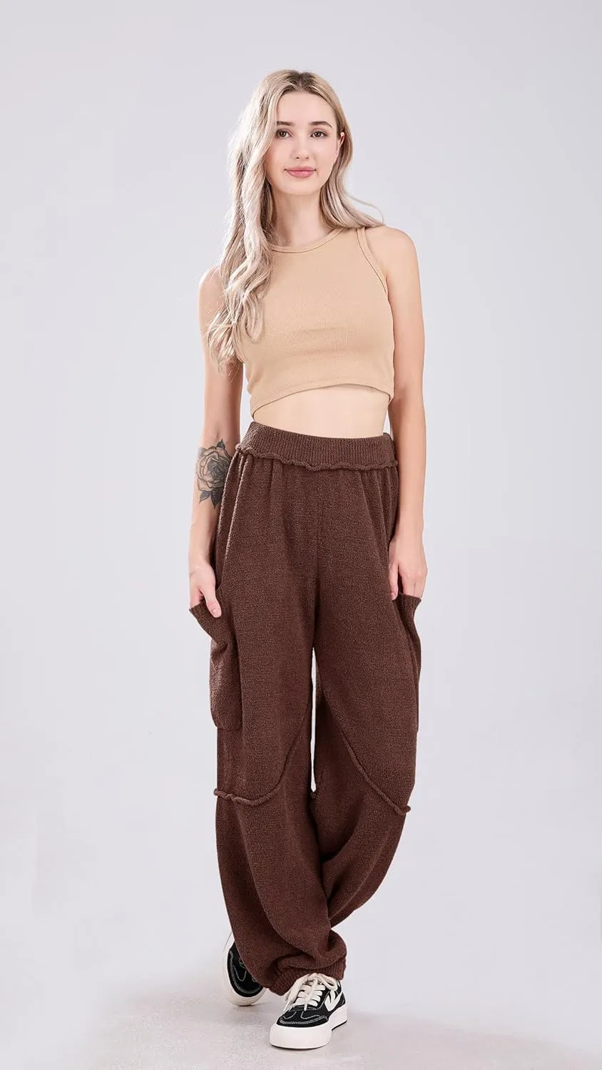 utcoco Women's Fuzzy Fleece Wide Leg Pants Elastic Waist Knit Pants Casual Comfy Lounge Trousers with Pockets