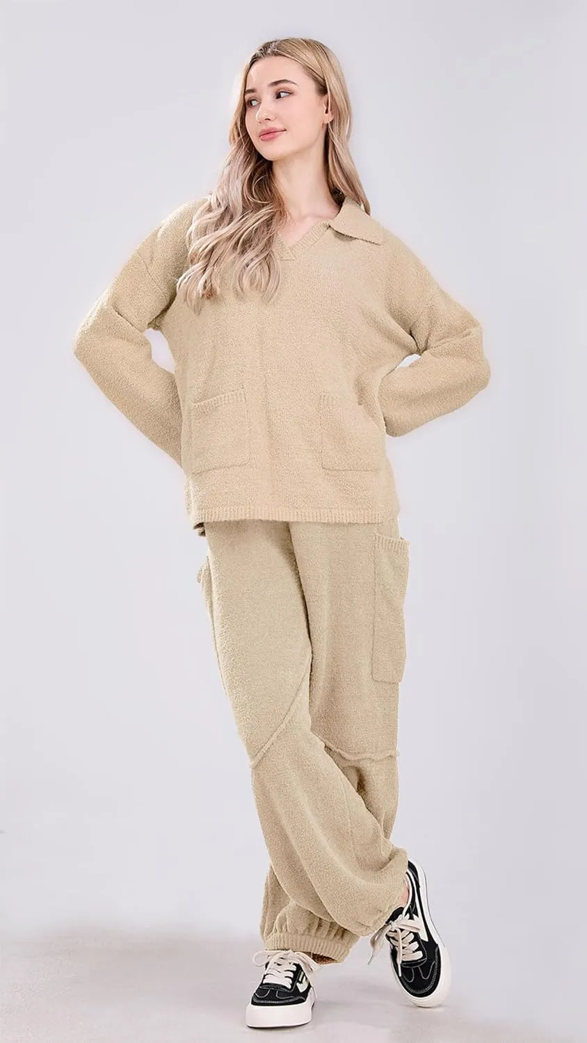 utcoco Women's Fuzzy Fleece Wide Leg Pants Elastic Waist Knit Pants Casual Comfy Lounge Trousers with Pockets