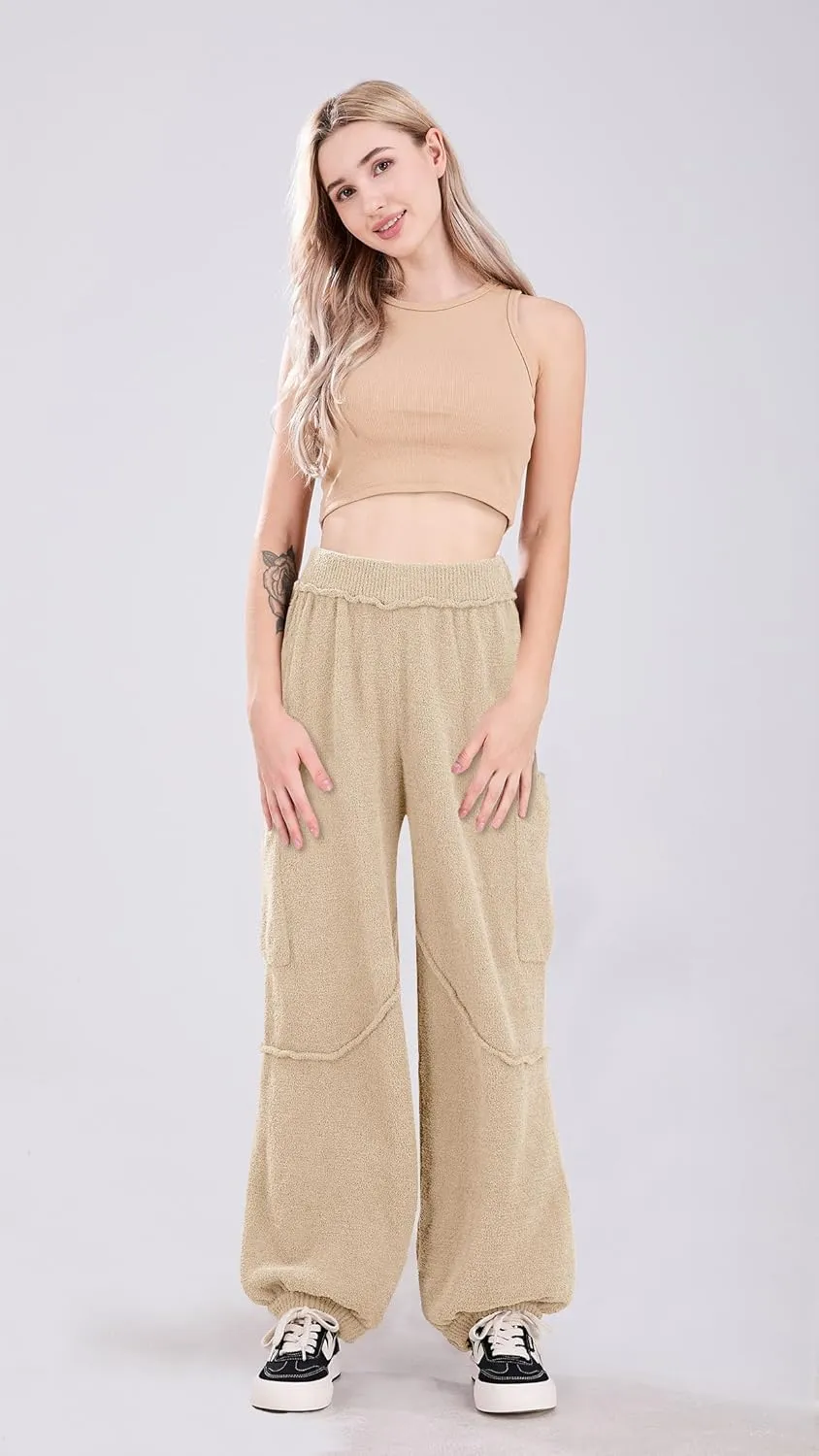 utcoco Women's Fuzzy Fleece Wide Leg Pants Elastic Waist Knit Pants Casual Comfy Lounge Trousers with Pockets