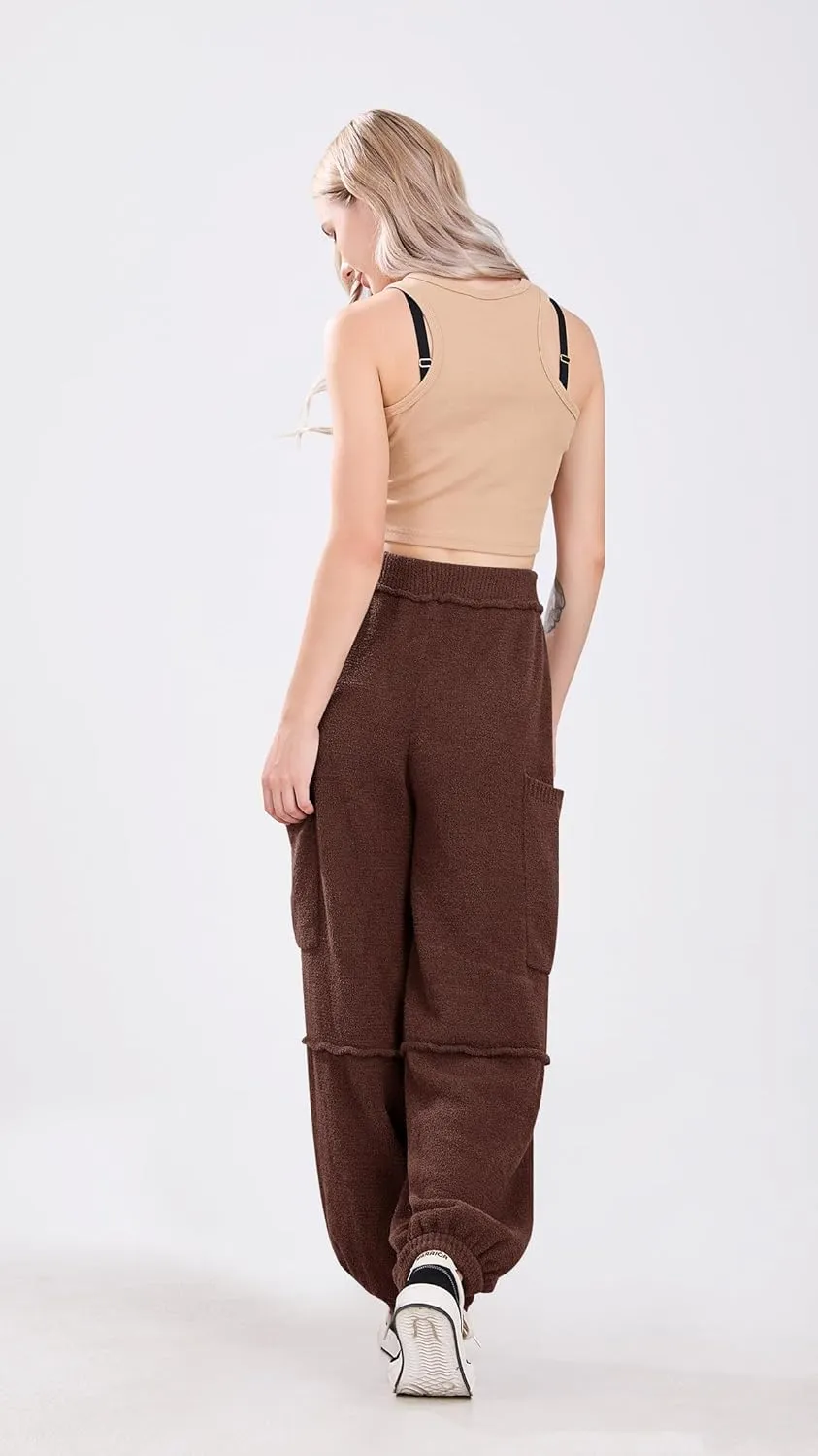 utcoco Women's Fuzzy Fleece Wide Leg Pants Elastic Waist Knit Pants Casual Comfy Lounge Trousers with Pockets