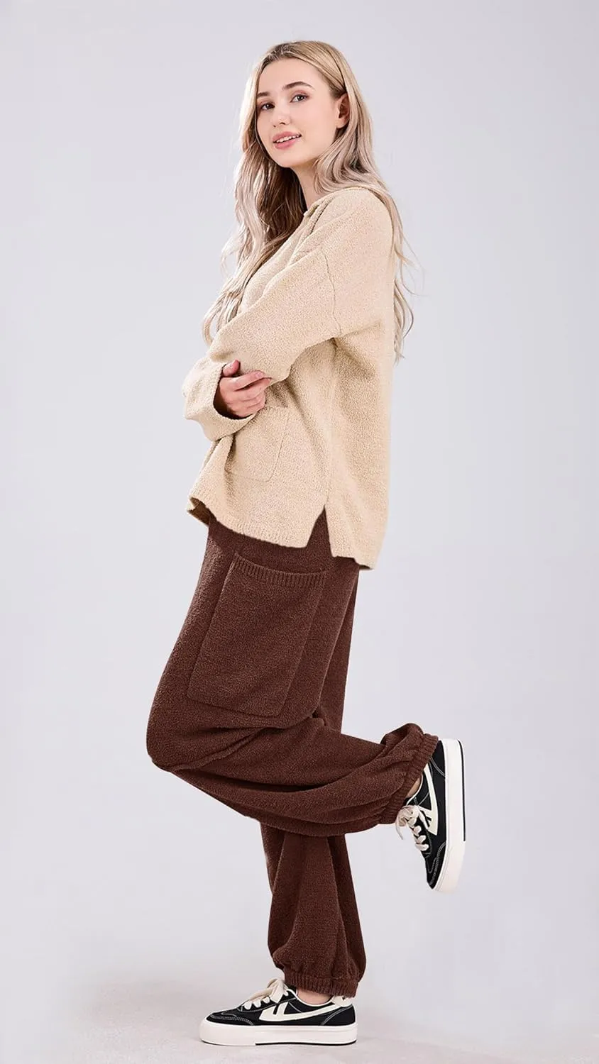 utcoco Women's Fuzzy Fleece Wide Leg Pants Elastic Waist Knit Pants Casual Comfy Lounge Trousers with Pockets