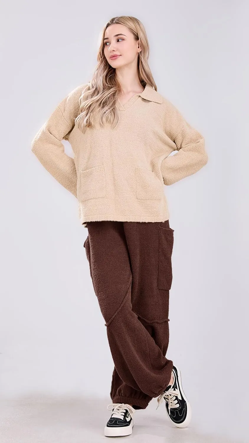 utcoco Women's Fuzzy Fleece Wide Leg Pants Elastic Waist Knit Pants Casual Comfy Lounge Trousers with Pockets