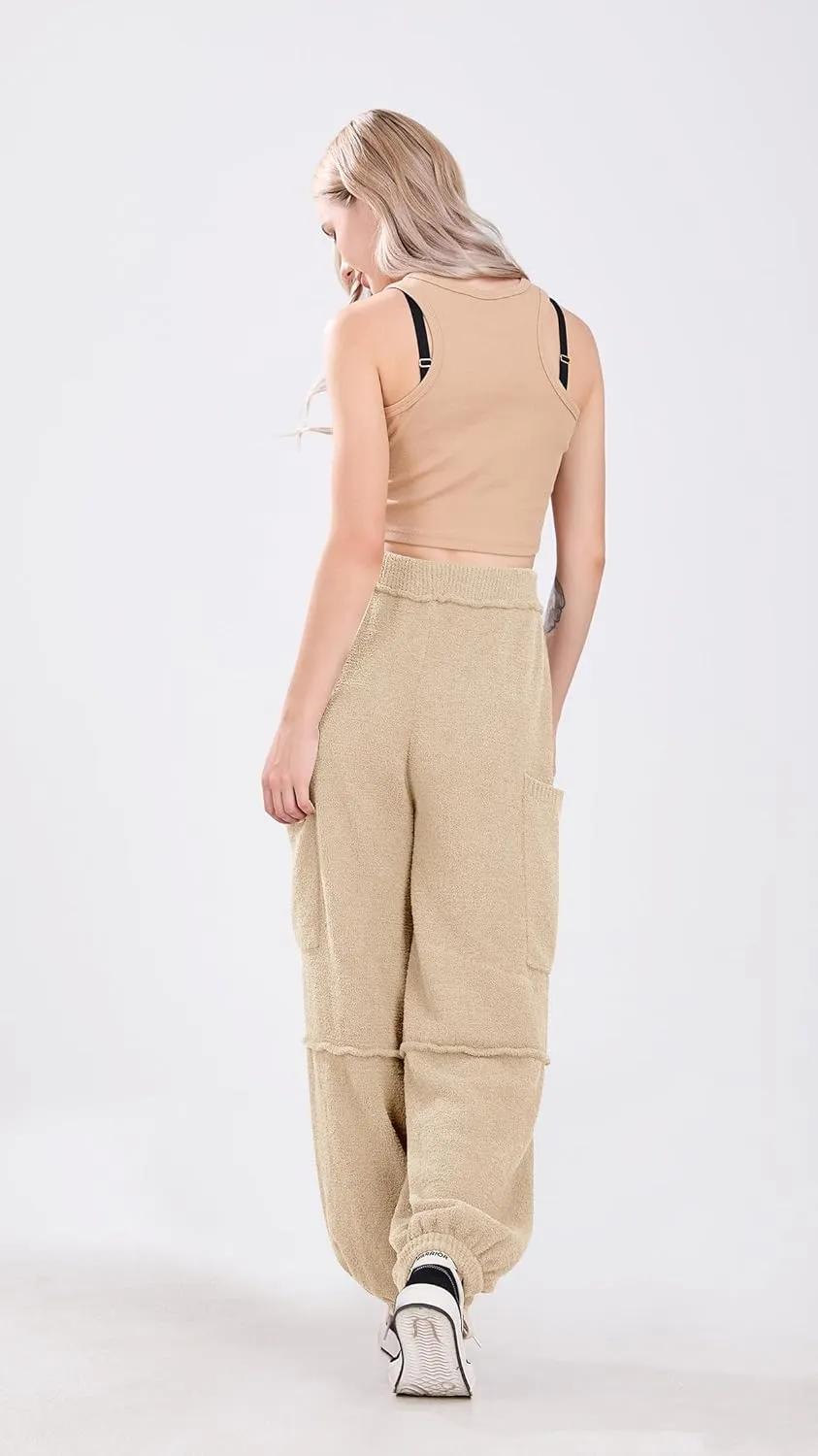 utcoco Women's Fuzzy Fleece Wide Leg Pants Elastic Waist Knit Pants Casual Comfy Lounge Trousers with Pockets