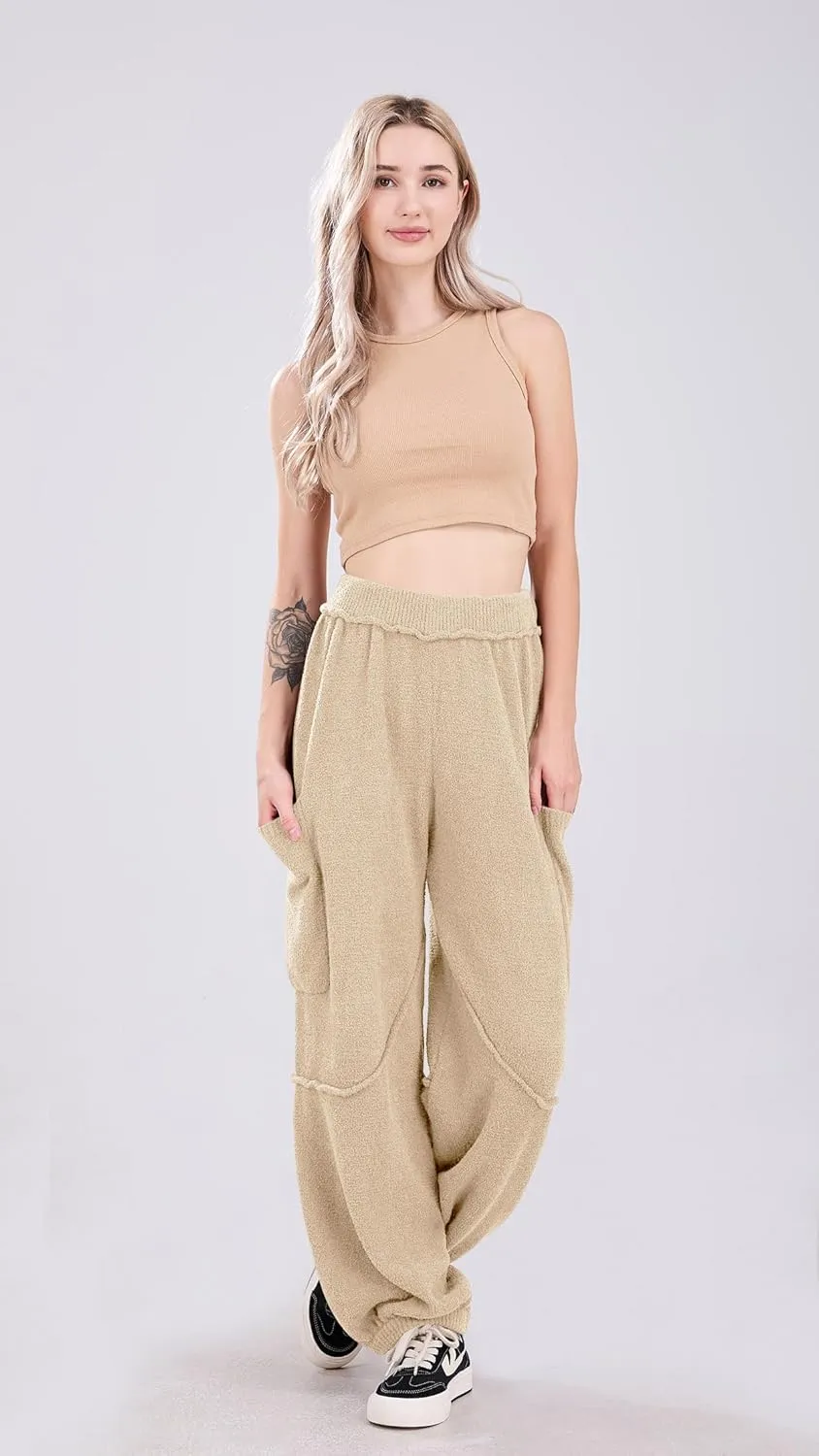 utcoco Women's Fuzzy Fleece Wide Leg Pants Elastic Waist Knit Pants Casual Comfy Lounge Trousers with Pockets