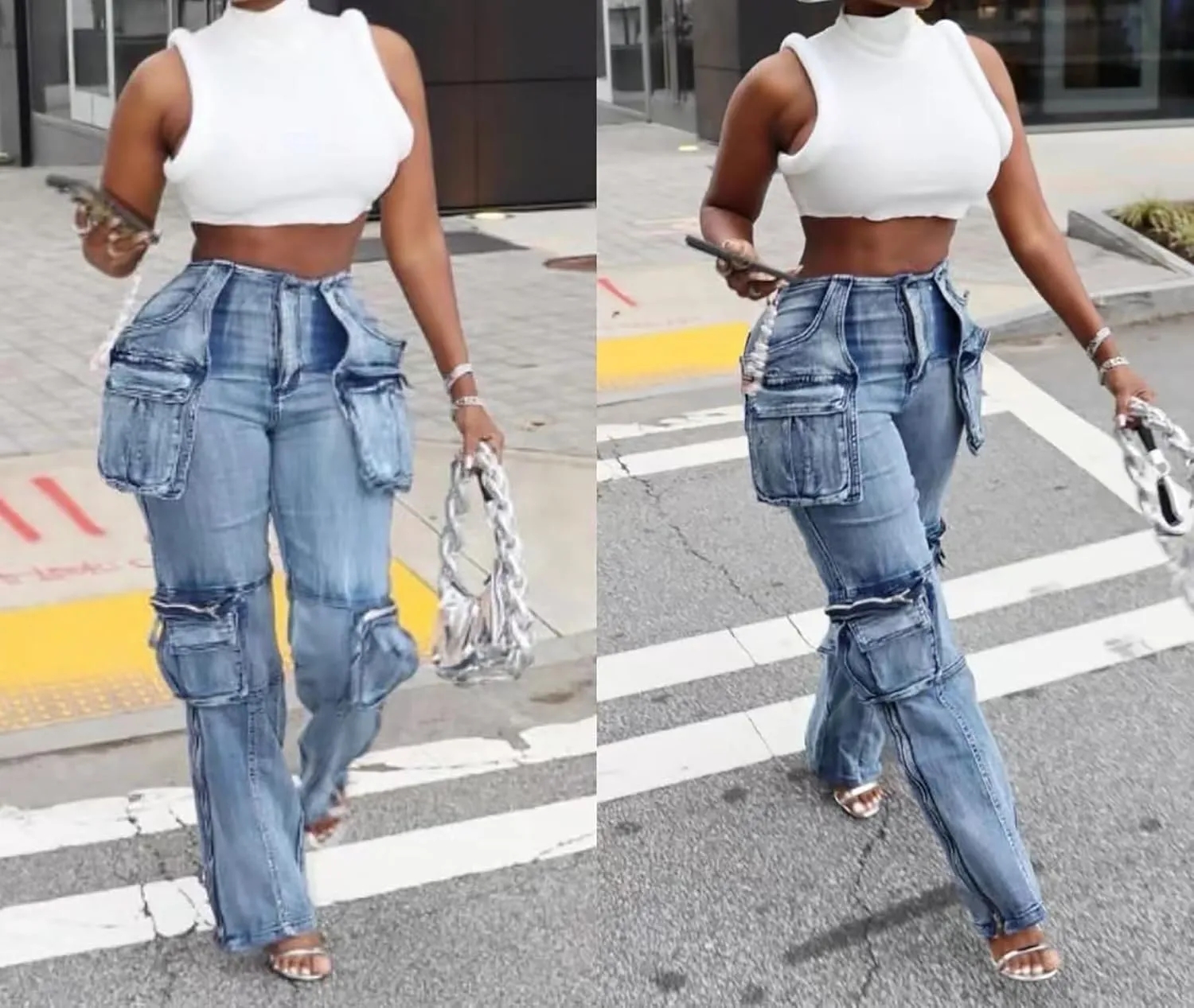 Vakkest Denim Cargo Jeans for Women High Waisted Loose Baggy Straight Wide Leg Stretch Pants Y2K Streetwear with Flap Pockets