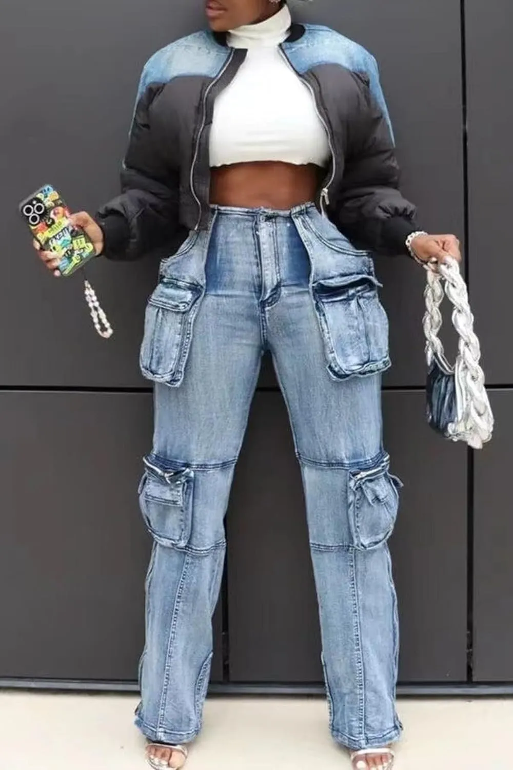 Vakkest Denim Cargo Jeans for Women High Waisted Loose Baggy Straight Wide Leg Stretch Pants Y2K Streetwear with Flap Pockets