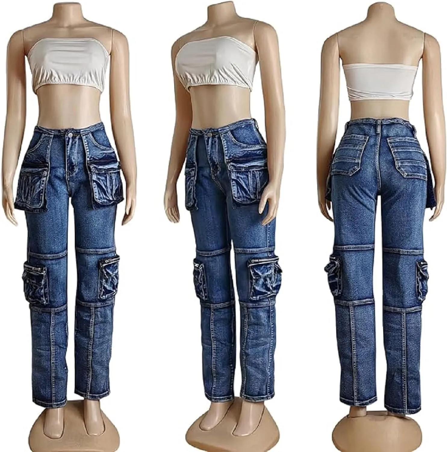 Vakkest Denim Cargo Jeans for Women High Waisted Loose Baggy Straight Wide Leg Stretch Pants Y2K Streetwear with Flap Pockets