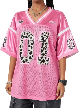 Verdusa Women's Jersey Shirt Baggy Shirt Oversized Tshirts Leopard Print V Neck Tshirt Sumer Tops