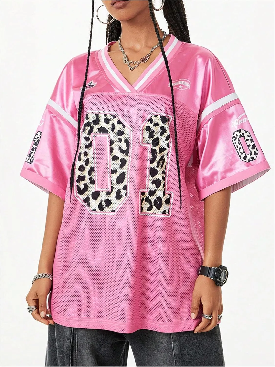 Verdusa Women's Jersey Shirt Baggy Shirt Oversized Tshirts Leopard Print V Neck Tshirt Sumer Tops