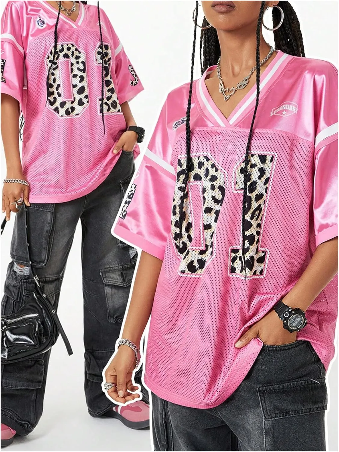 Verdusa Women's Jersey Shirt Baggy Shirt Oversized Tshirts Leopard Print V Neck Tshirt Sumer Tops