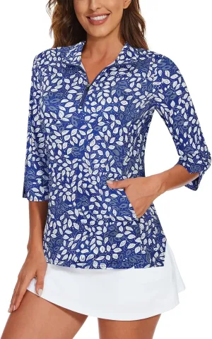 Viracy Women's Golf Shirts 3/4 Sleeve Sun Protection Quarter Zip with Zipper Pockets Athletic Polo Workout Tops S-2XL