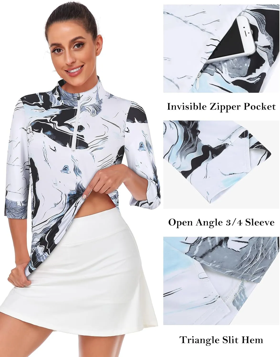 Viracy Women's Golf Shirts 3/4 Sleeve Sun Protection Quarter Zip with Zipper Pockets Athletic Polo Workout Tops S-2XL