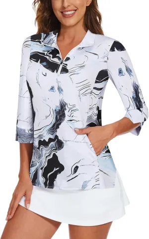 Viracy Women's Golf Shirts 3/4 Sleeve Sun Protection Quarter Zip with Zipper Pockets Athletic Polo Workout Tops S-2XL