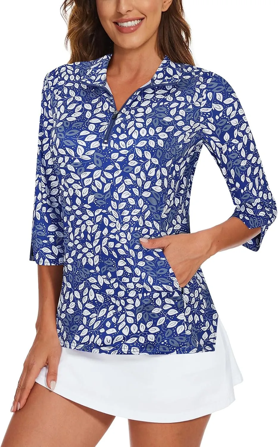 Viracy Women's Golf Shirts 3/4 Sleeve Sun Protection Quarter Zip with Zipper Pockets Athletic Polo Workout Tops S-2XL