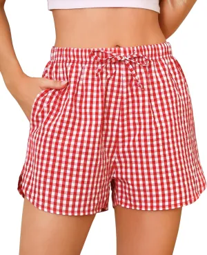 Vlazom Women's Sleep Shorts Cute Plaid Pajamas Shorts Soft Elastic Pajama Bottoms Boxer Shorts Sleepwear S-XXL