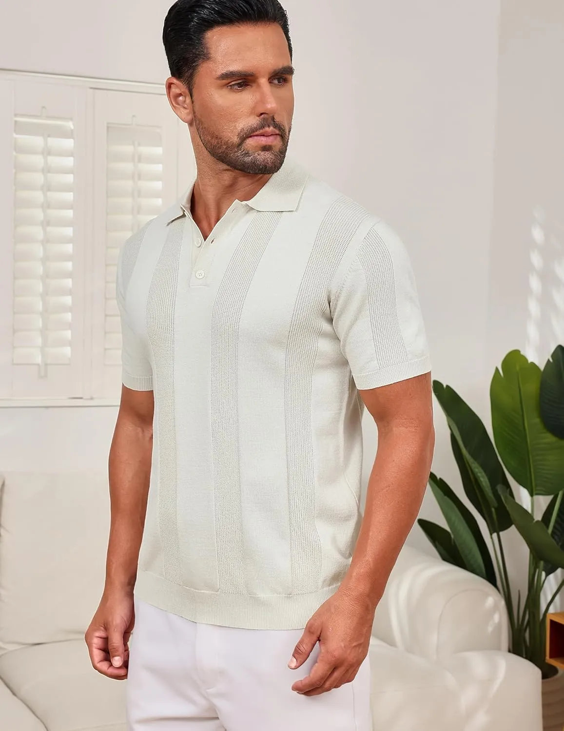 Vssjavun Mens Knit Polo Shirts Short Sleeve Textured Knitted Shirt Casual Golf Polo T Shirt