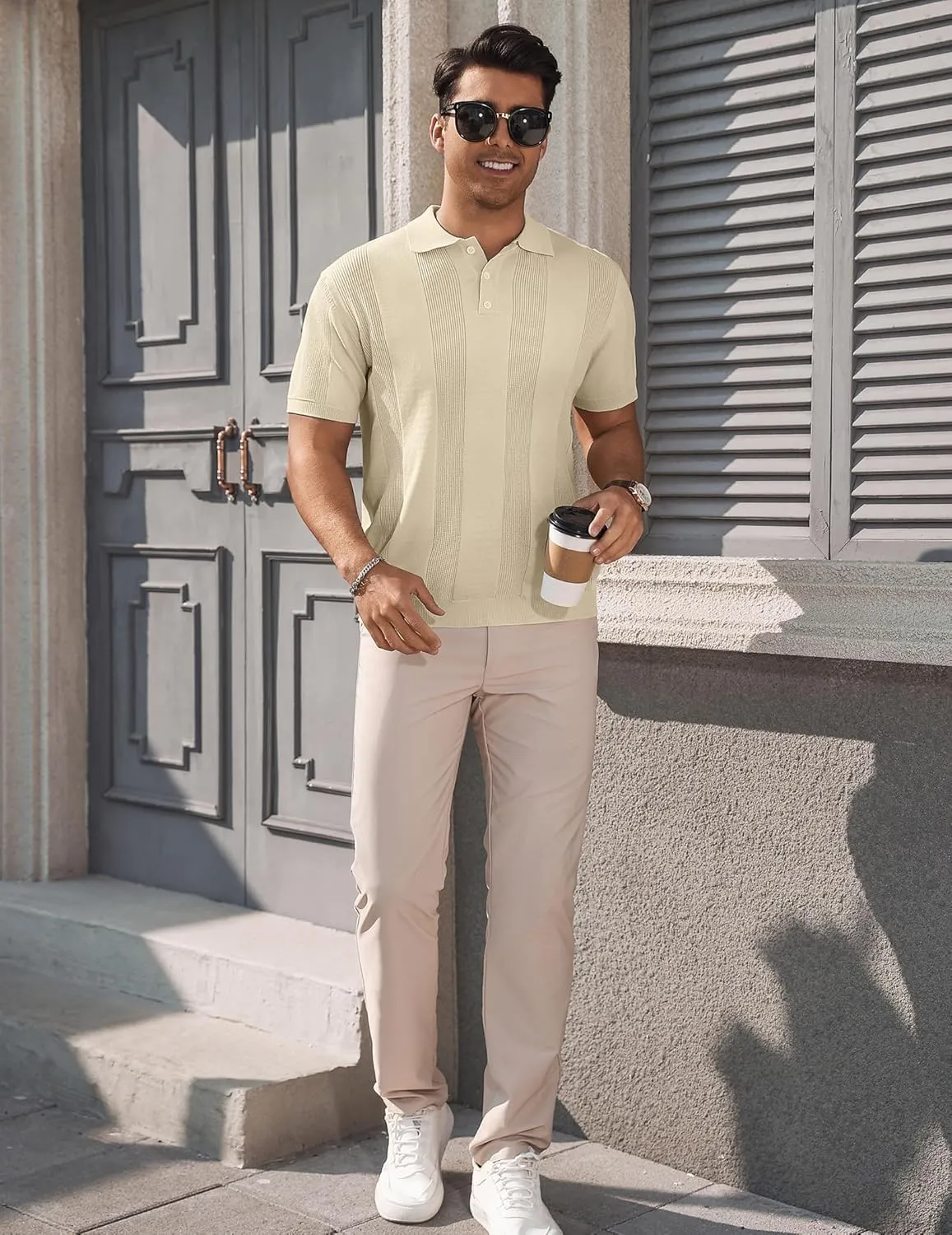 Vssjavun Mens Knit Polo Shirts Short Sleeve Textured Knitted Shirt Casual Golf Polo T Shirt