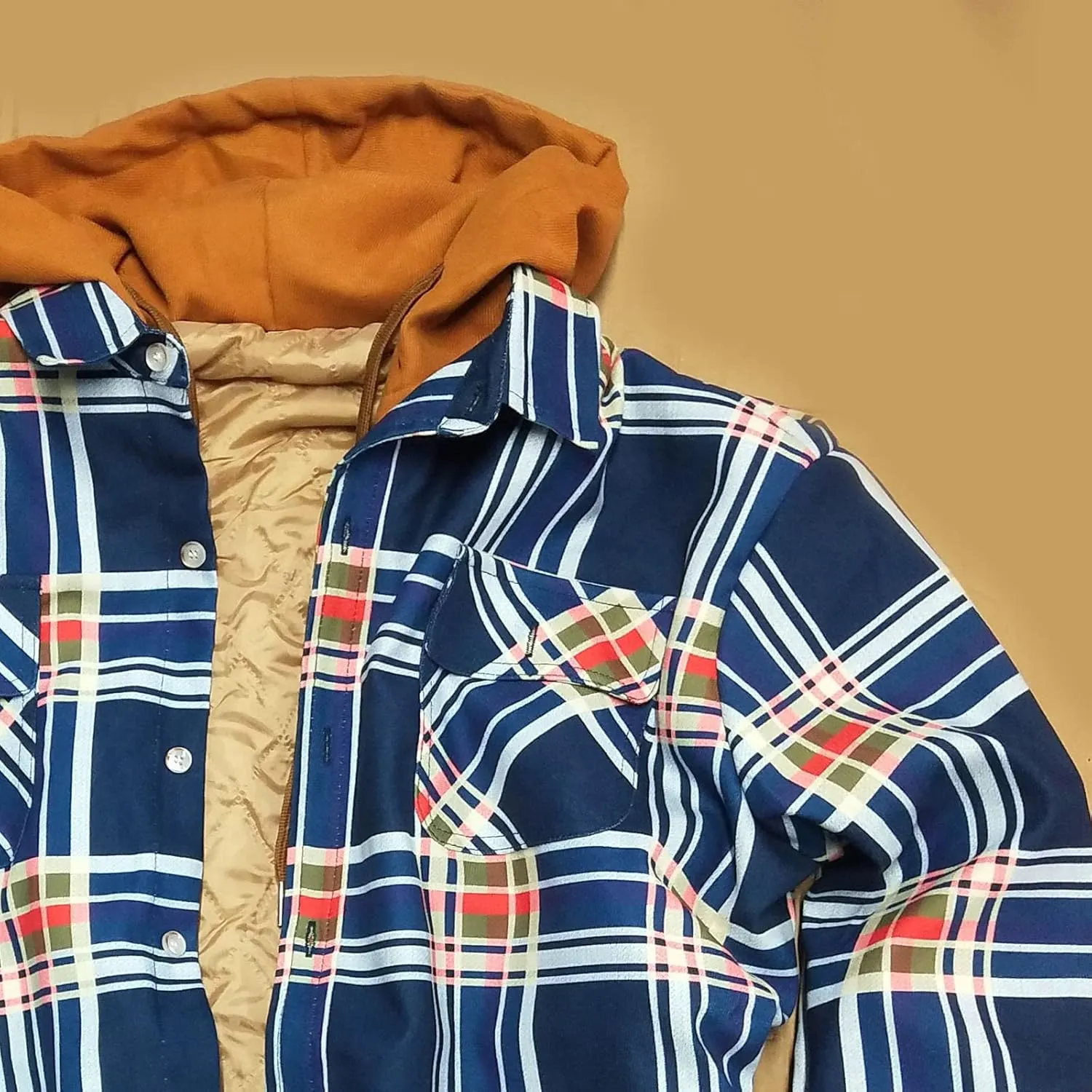 WANZZXCSL Men's Fashion Casual Men's Quilted Lined Button Down Plaid Shirt Add Velvet to Keep Warm Jacket with Hood